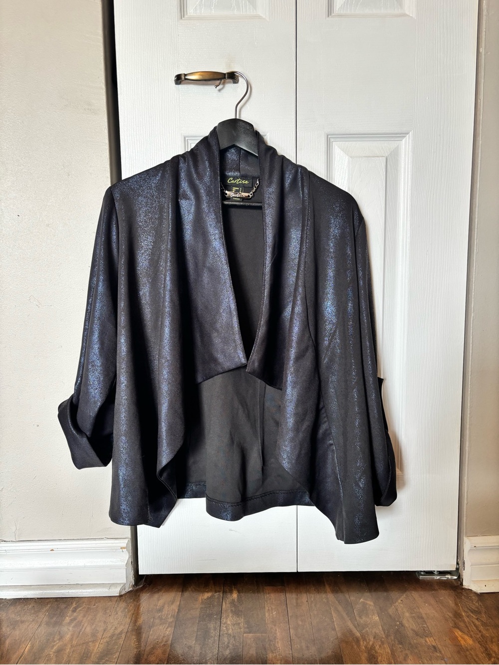 Cartise Shimmery Black Draped Open-Front Blazer